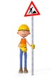 Bauarbeiter mit Baustellenschild Comic