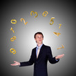 Business man juggling with numbers and symbols Business man juggling with numbers and symbols