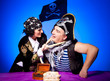 two fighting pirates on blue