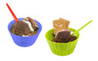 purple and green cups with chocolate ice-cream purple and green cups with chocolate ice-cream