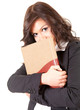 shame young businesswoman with book