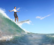 Businesswoman surfing on the sea waves