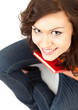 happy student girl with book looking at camera, high angle view