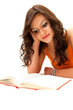 thoughtful student girl reading book , white background