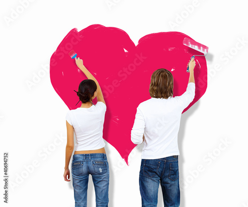 Illustration: Young couple with paint brushes together Young couple with paint brushes together