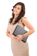 smiling teenage girl with laptop, white background