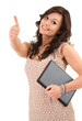 successful woman with laptop and thumb up, white background