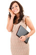 smiling girl in dress keeping laptop, white background