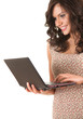 young woman working on laptop, white background