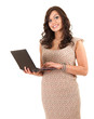 young woman working on laptop, white background