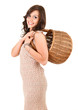 happy shopping girl with wicker basket, white background