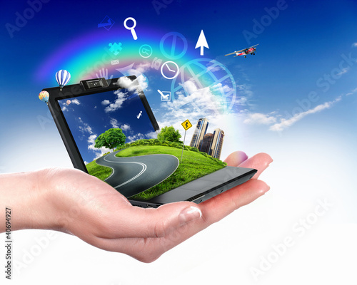 Illustration: Human hand holding a green landscape Human hand holding a green landscape