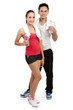 man and woman with water after workout