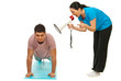 Woman shouting by megapone to workout man