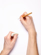 Image of human hands with pencil and eraser on white Image of human hands with pencil and eraser on white