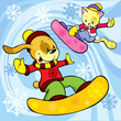 cat and dog on the snowboard