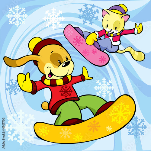 Vector: cat and dog on the snowboard cat and dog on the snowboard