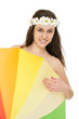 Young woman in chamomile wreath with colorful umbrella Young woman in chamomile wreath with colorful umbrella