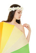 Young woman profile in chamomile wreath with colorful umbrella Young woman profile in chamomile wreath with colorful umbrella