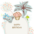 Happy birthday card, cupcake, bird and flowers Happy birthday card, cupcake, bird and flowers