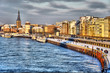 Beautiful shore of Rhein river during day in Dusseldorf in winte