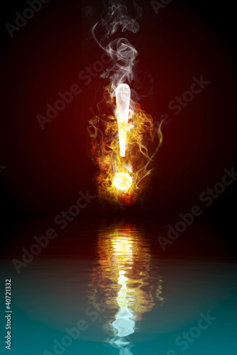 Illustration: Exclamation symbol burning, fire reflected in rendered water Exclamation symbol burning, fire reflected in rendered water