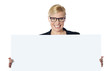 Portrait of happy woman showing blank placard