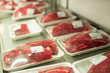 Variety of meat in plastic box in supermarket