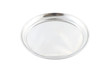 Round stainless food plate on white background.