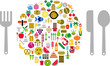 Vector: Food and beverage icons in form of sphere with silverware Food and beverage icons in form of sphere with silverware