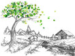 Green leaves spring tree, rural landscape, bridge over river