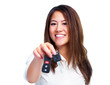 Asian woman with car key.