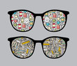 Retro sunglasses with funny dishes and tools reflection in it.