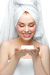Woman with soap on her palm Woman with soap on her palm