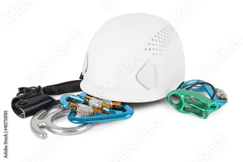 Photo: different equipment for mountain climbing isolated different equipment for mountain climbing isolated
