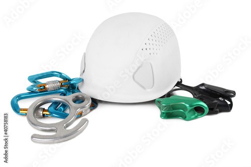 Photo: different equipment for mountain climbing isolated different equipment for mountain climbing isolated