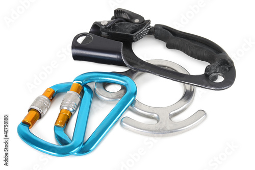 Photo: different equipment for mountain climbing isolated different equipment for mountain climbing isolated