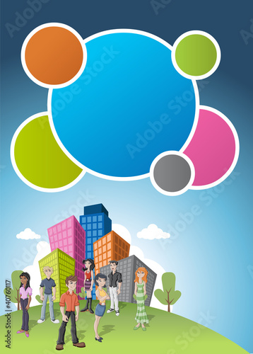 Vector: Group happy cartoon teenager people in the city park Group happy cartoon teenager people in the city park