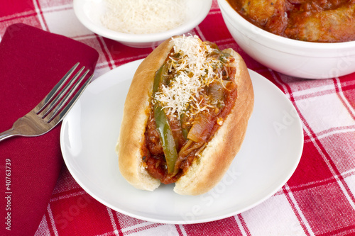 Photo: Italian Sausage, onion, and pepper parmesan sub sandwich. Italian Sausage, onion, and pepper parmesan sub sandwich.