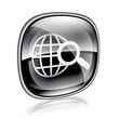 globe and magnifier icon black glass, isolated on white backgrou