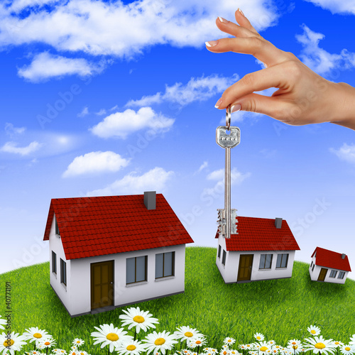 Illustration: House and human hand against blue sky House and human hand against blue sky