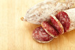 Salami sliced on cutting board Salami sliced on cutting board