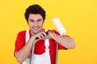 Photo: Male decorator stood in ladder Male decorator stood in ladder