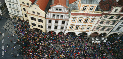 Photo: Aerial view of crowd in town square Aerial view of crowd in town square