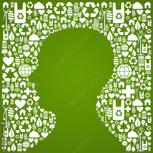 Vector: Human head shape over eco icons background Human head shape over eco icons background