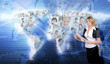 Young woman against world map background