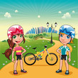 Park with young bikers. Cartoon vector scene.