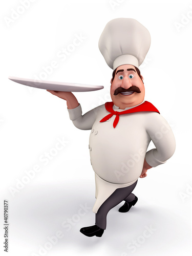 Illustration: Happy chef holding noodles plate Happy chef holding noodles plate