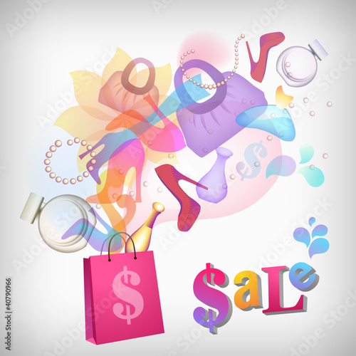 Vector: Colorful sale vector background with shoes, bags and perfume Colorful sale vector background with shoes, bags and perfume