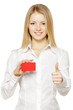 Business woman holding credit card, showing thumb up sign